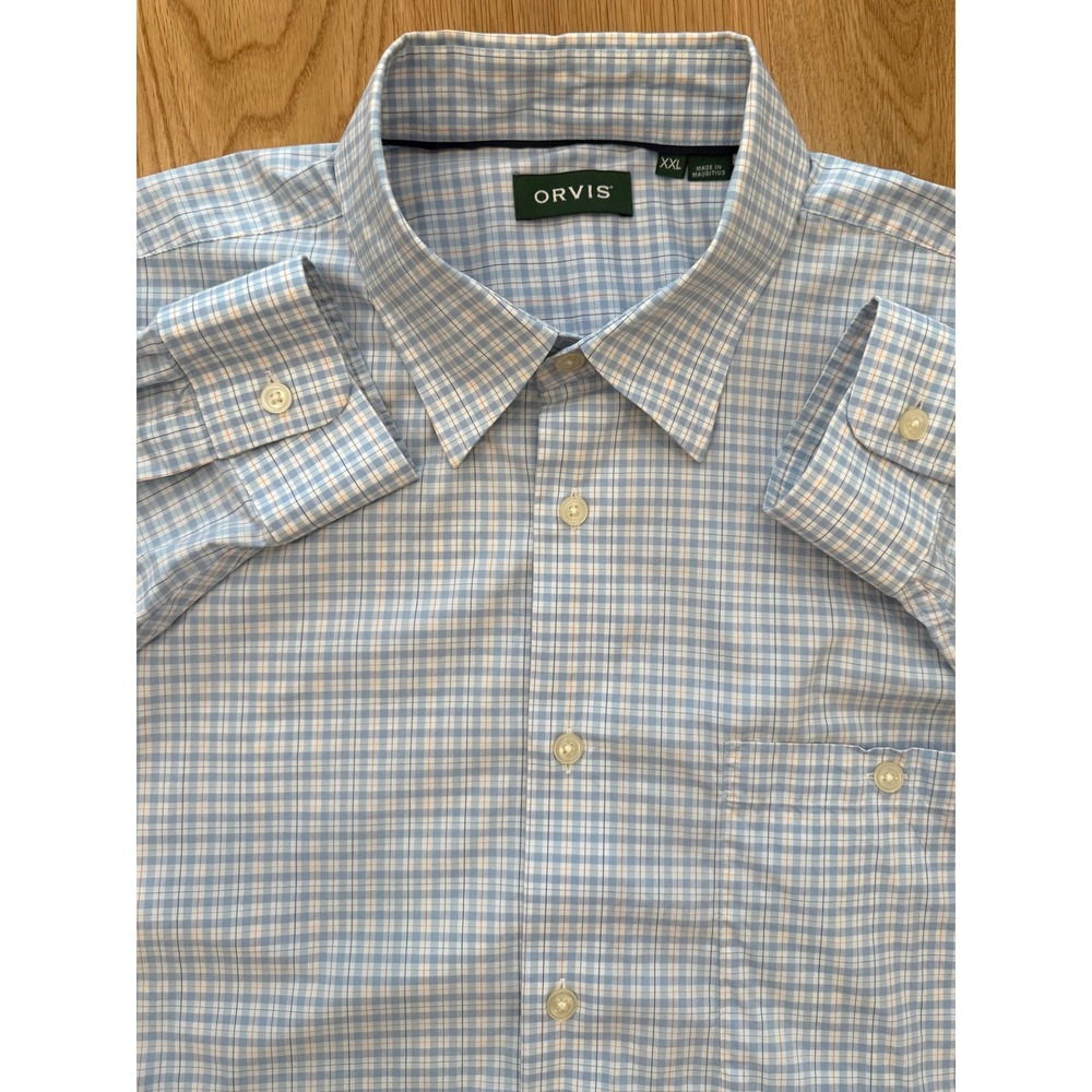 Orvis Men's Button Down Shirt Blue White Orange Plaid XXL